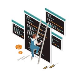 Programming development isometric composition with character of programmer on ladder with gear and screens with code vector illustration